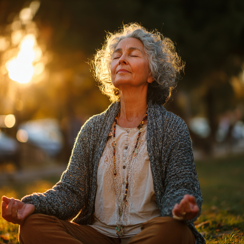 Senior woman in meditation pose surrounded by nature elements and peaceful atmosphere